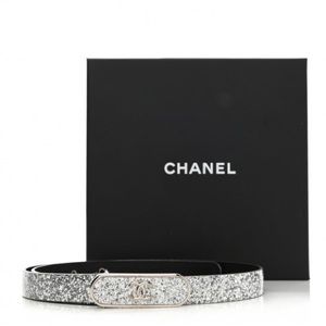 Authentic Chanel Silver Glitters Leather Belt 70